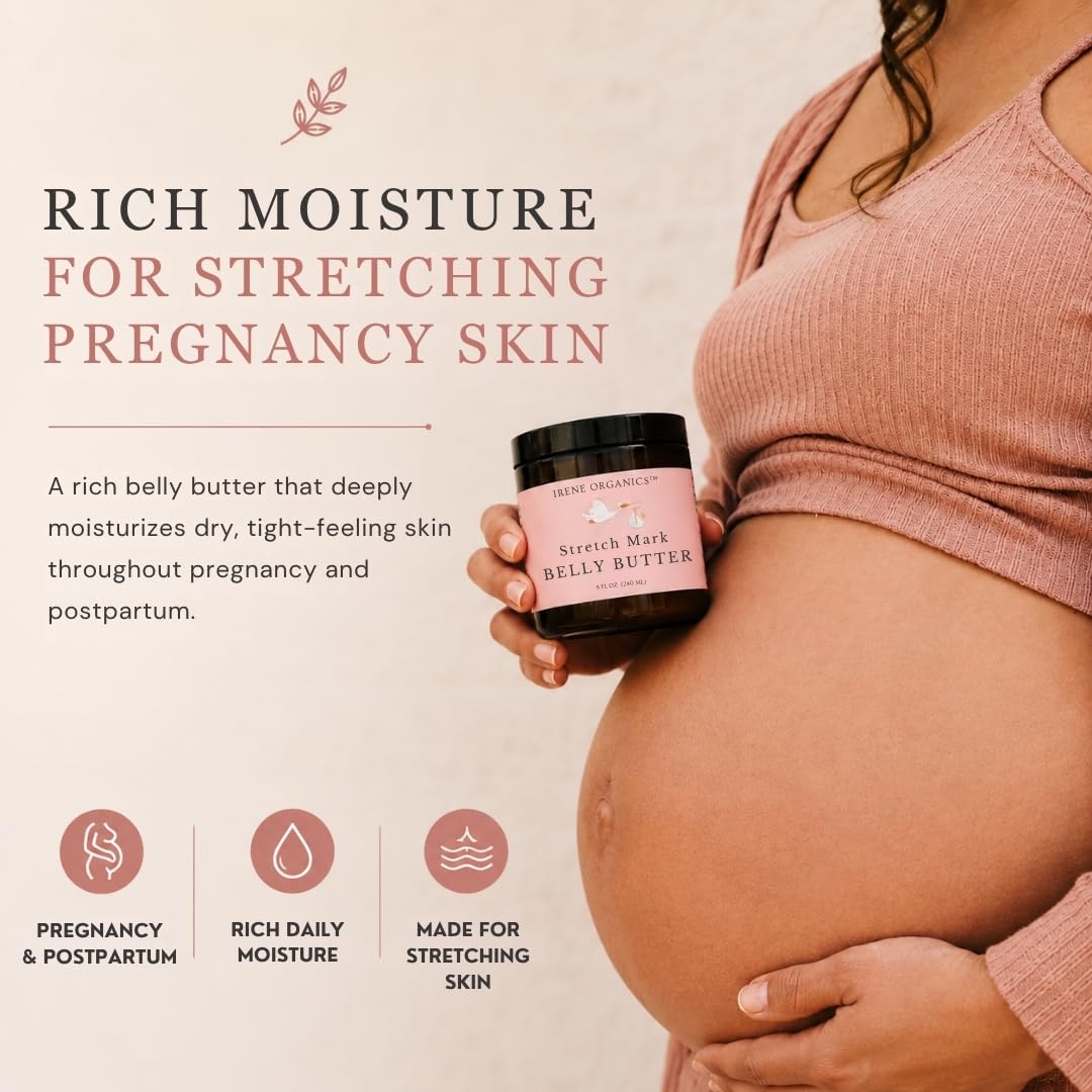 Organic Belly Butter for Pregnancy Stretch Mark Prevention and Treatment by Irene Organics - Award Winning Anti Stretch Mark Tummy Balm For Pregnancy and Postpartum 4oz - Hydrating Bump Cream