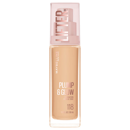 Maybelline Lifter Plump & Glow Foundation, Liquid Foundation with 2% Niacinamide + Hyaluronic Acid, Plumping and Brightening Face Makeup, 118, 1 Count