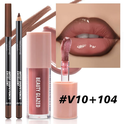 Beauty Glazed 2Pcs/Set Lip Gloss & Lip Liner Set Rosewood Nude – Lip Combo Set for Fuller Looking Lips, High Shine Glass Lips Look, Gradient Lips & Over Lip Makeup Viral Lip Combo for Volume Lips