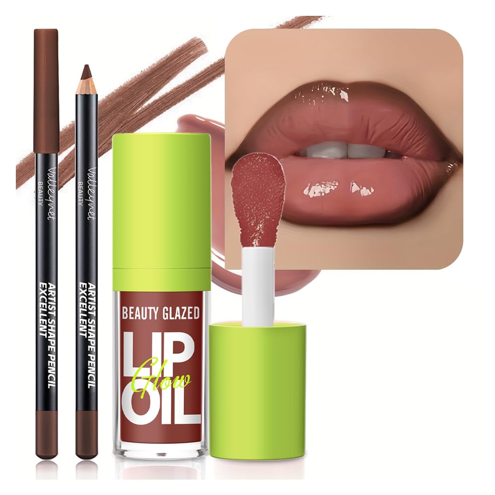 2Pcs Lip Gloss & Lip Liner Set – Cocoa Brown, 90s Ombre Lips, Retro Gradient Lip, Plumping Effect, Full Volume Lips, High Shine Gloss, Viral Lip Combo, Fuller Looking Lips, Glassy Lip Look (#V05+107)