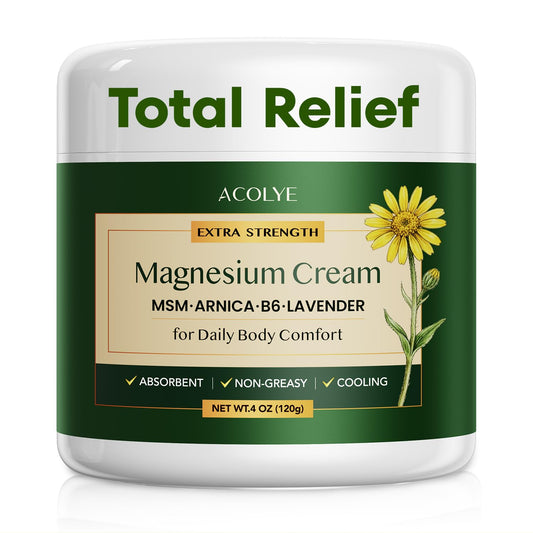 Acolye Total Relief Magnesium Cream with Arnica: Soothing Nerve Formula Topical Magnesium Chloride Cream with MSM, B6, For Muscles, Joints & Legs, Fast Absorbing, Non-Greasy - 4 OZ (120g)