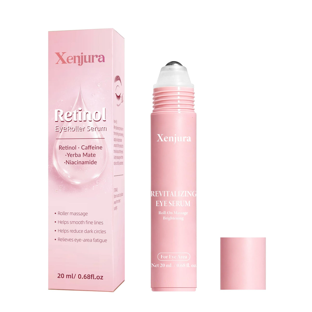 Retinol & Caffeine Under Eye Roller Serum | Xenjura Cooling Eye Cream for Puffy Eyes & Dark Circles | Anti Aging Wrinkle Remover for Fine Lines | Vegan Skincare (20ml / 0.7 fl oz)