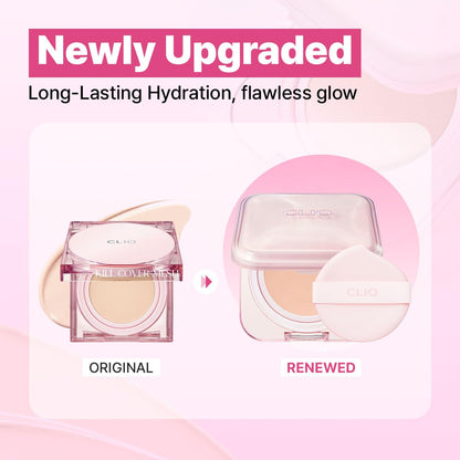 CLIO Kill Cover Mesh Glow Essential Cushion Foundation, Buildable Ultra-Fit Coverage with Glow Finish, Long-Lasting Hydration, Flawless Cover for Sensitive & Dry Skin, Korean Foundation (23N GINGER)