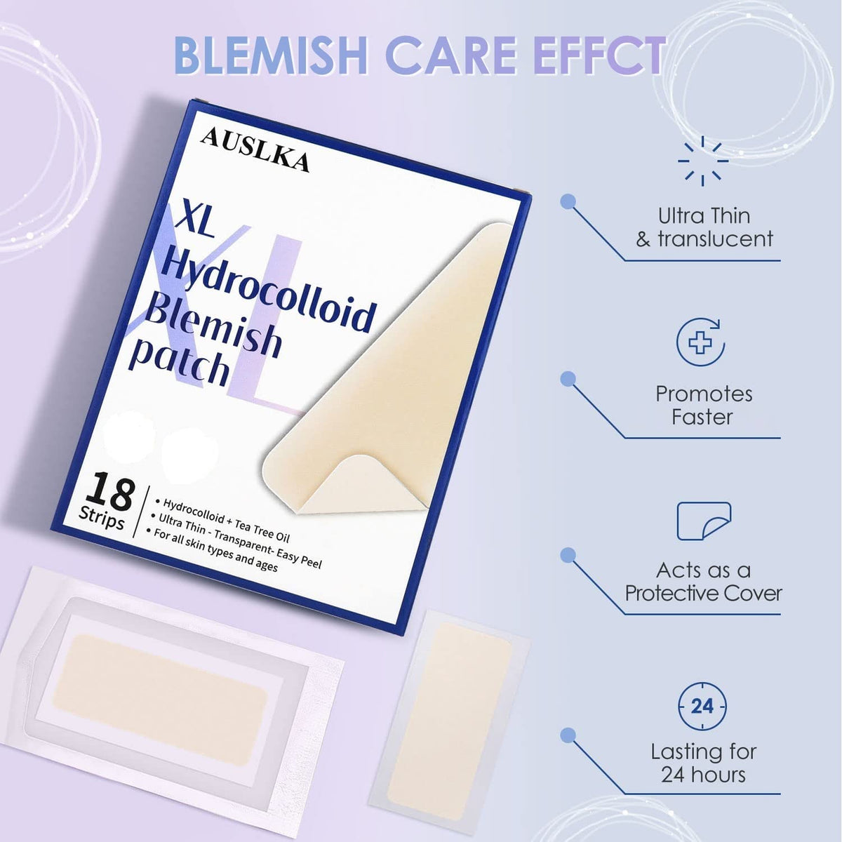 AUSLKA Large Blemish Patches, XL Pimple Patch -18 Strips - Hydrocolloid Patch for Covering Zits - Spot Stickers - Vegan and Cruelty for Face and Skin