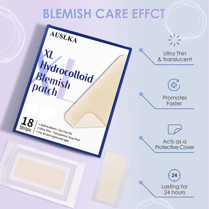 AUSLKA Large Blemish Patches, XL Pimple Patch -18 Strips - Hydrocolloid Patch for Covering Zits - Spot Stickers - Vegan and Cruelty for Face and Skin