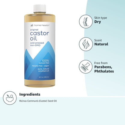 Home Health Original Castor Oil, Promotes Healthy Hair And Skin, Natural Skin Moisturizer - Pure, Cold Pressed, Non-GMO, Hexane-Free, Solvent-Free, Paraben-Free, Vegan - 32 fl oz