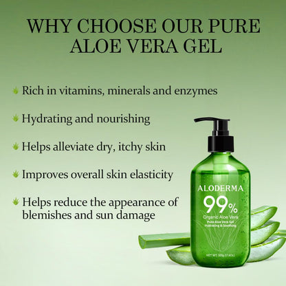 Aloderma Aloe Vera Gel - Large 17.6oz Value Pump - Made within 12 Hours of Harvest with 99% Organic Aloe Vera, Lightweight, Non-Sticky for Sunburns, Natural, Soothing Aloe Vera for Face & Hair