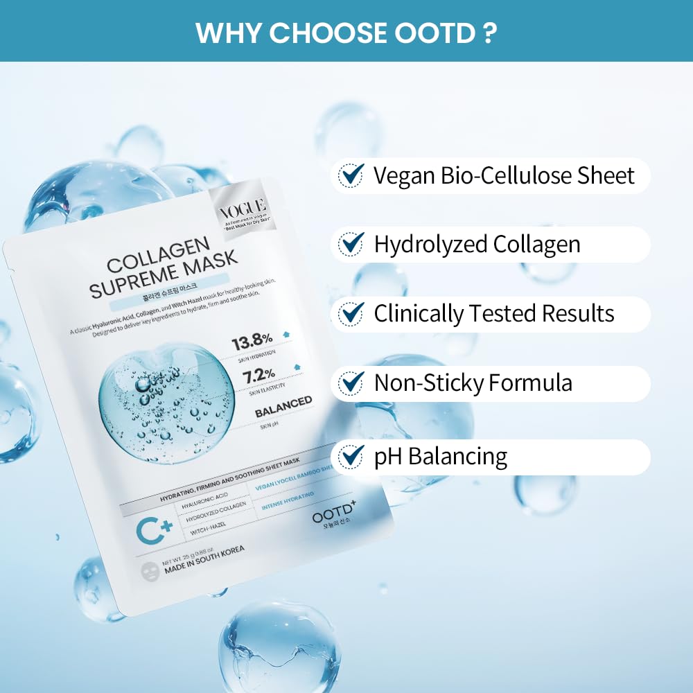 #OOTD Collagen Supreme Mask, Korean Hyaluronic Acid Face Mask,10-Pack