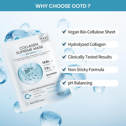 #OOTD Collagen Supreme Mask, Korean Hyaluronic Acid Face Mask,10-Pack