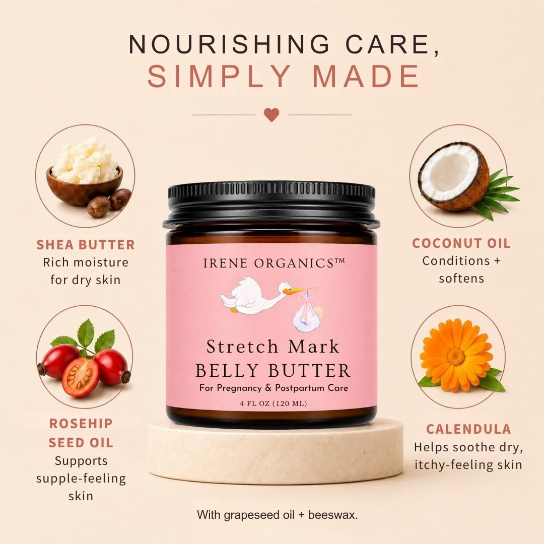 Organic Belly Butter for Pregnancy Stretch Mark Prevention and Treatment by Irene Organics - Award Winning Anti Stretch Mark Tummy Balm For Pregnancy and Postpartum 4oz - Hydrating Bump Cream
