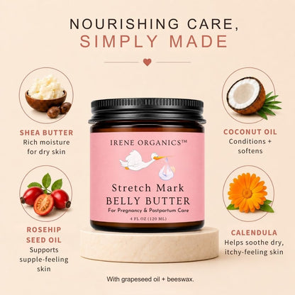 Organic Belly Butter for Pregnancy Stretch Mark Prevention and Treatment by Irene Organics - Award Winning Anti Stretch Mark Tummy Balm For Pregnancy and Postpartum 4oz - Hydrating Bump Cream