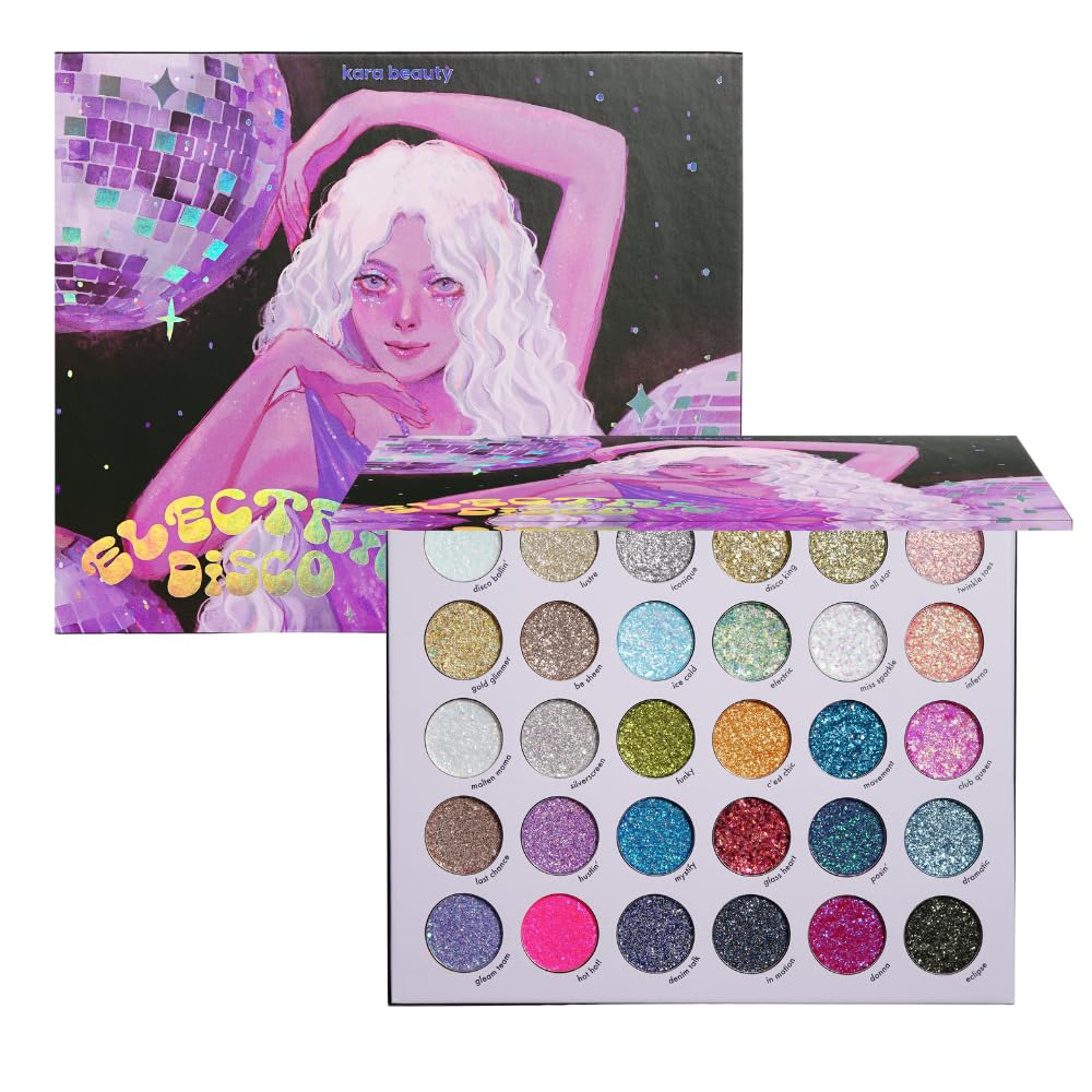 KARA BEAUTY ELECTRIC DISCO Glitter Eyeshadow Palette – 30 Color Pressed Glitter Makeup Palette for Face, Body & Eyes No Glue Needed Chunky & Fine Glitter for Rave, Festival Makeup Mermaid Vibes & More