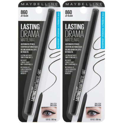Maybelline Eyestudio Lasting Drama Waterproof Matte Gel Pencil Black Eyeliner Makeup, Jet Black, 2 Count