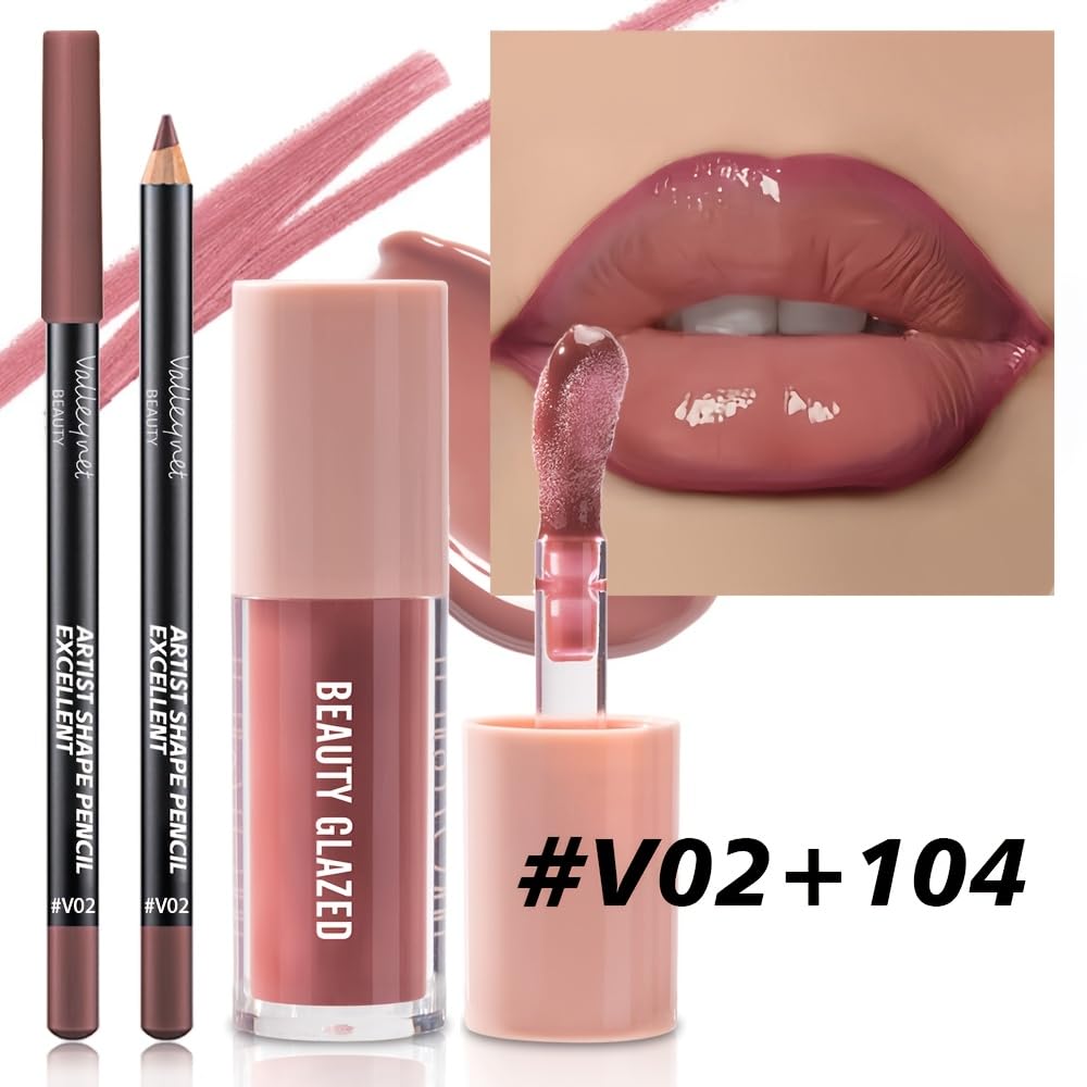 Beauty Glazed 2Pcs/Set Lip Gloss & Lip Liner Set Rosewood Nude – Lip Combo Set for Fuller Looking Lips, High Shine Glass Lips Look, Gradient Lips & Over Lip Makeup Viral Lip Combo for Volume Lips