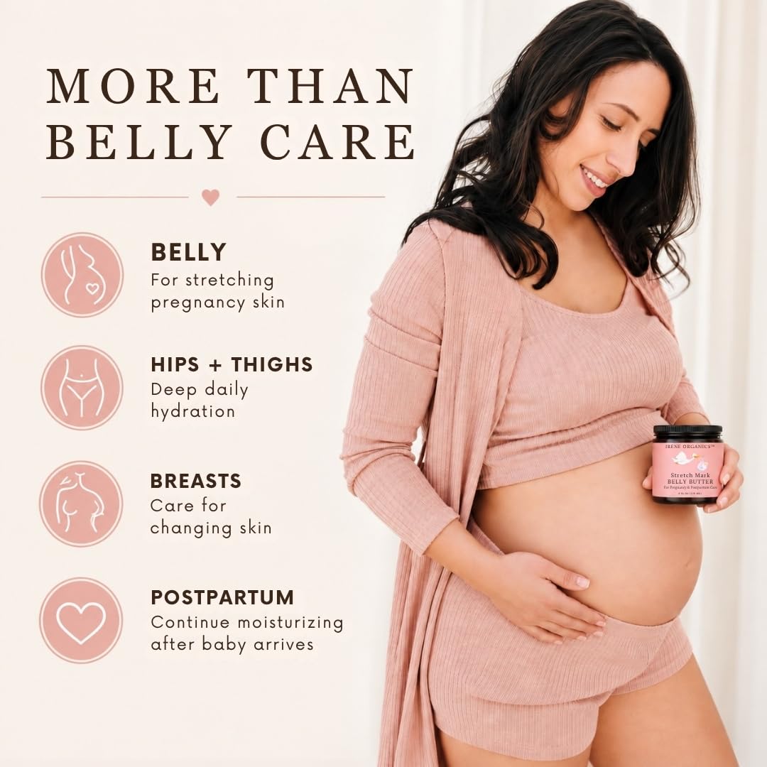 Organic Belly Butter for Pregnancy Stretch Mark Prevention and Treatment by Irene Organics - Award Winning Anti Stretch Mark Tummy Balm For Pregnancy and Postpartum 4oz - Hydrating Bump Cream