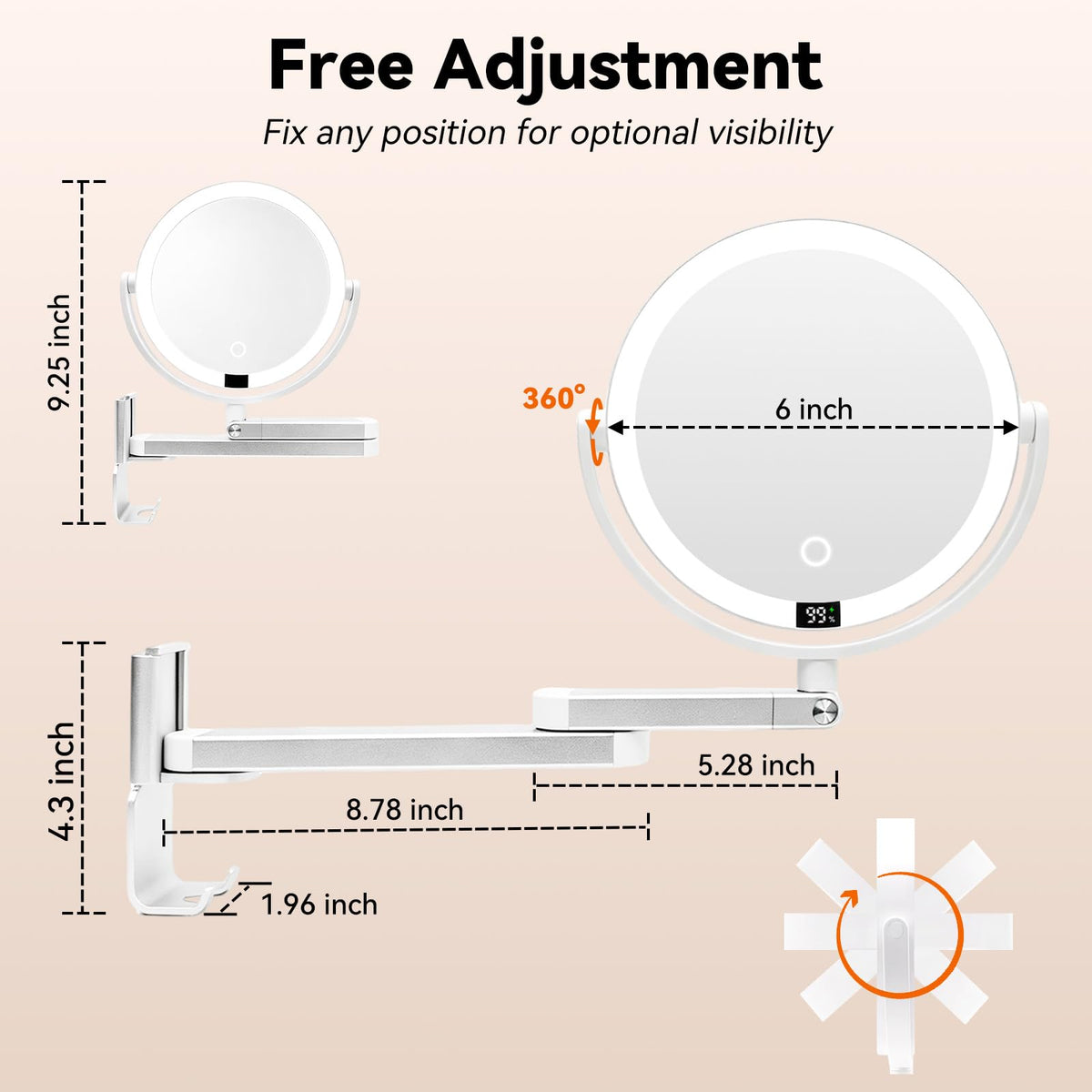 Wall Mounted Makeup Mirror, Digital Screen Magnifying Mirror with Light