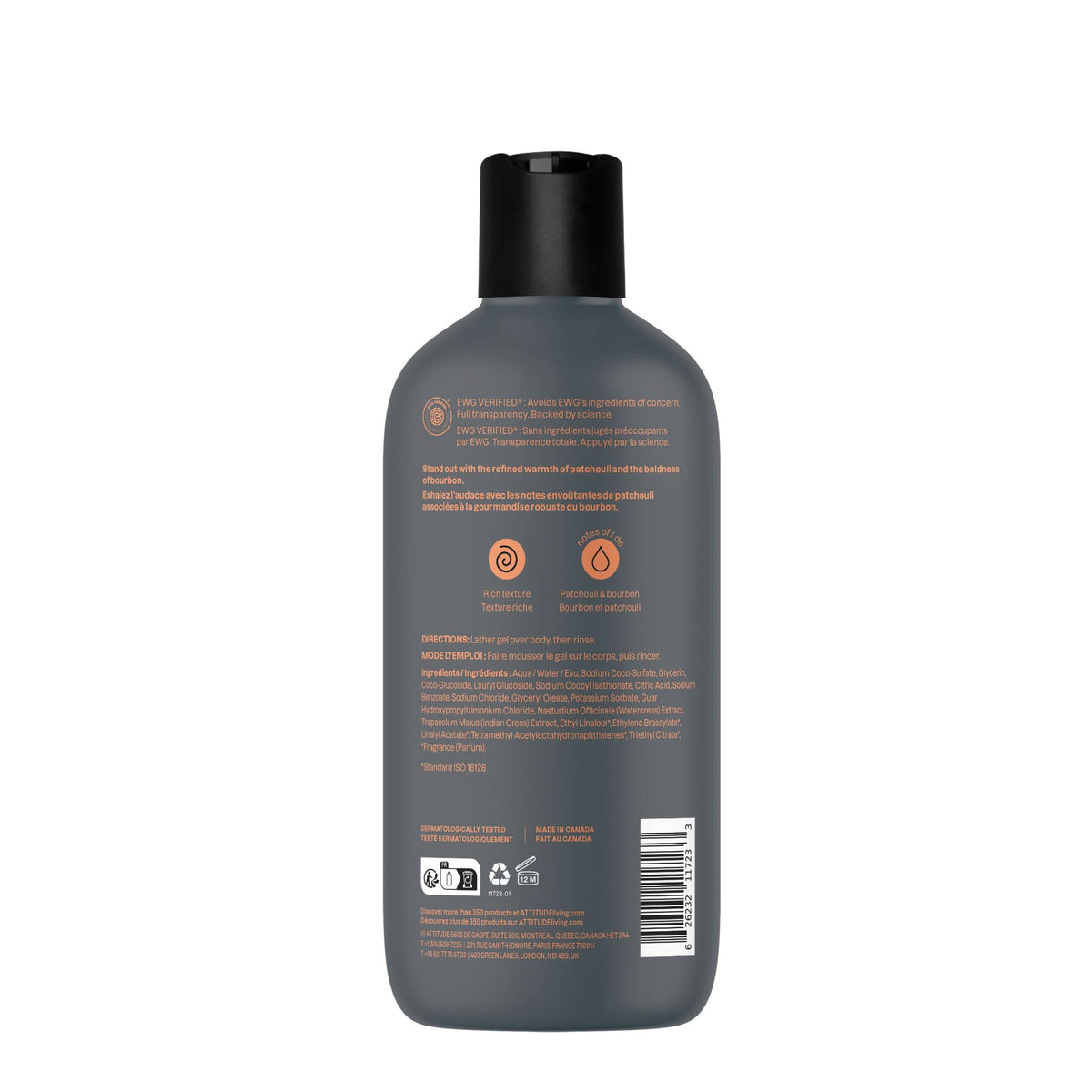 ATTITUDE Men's Body & Face Wash, Patchouli & Bourbon, EWG Verified, 14 Oz
