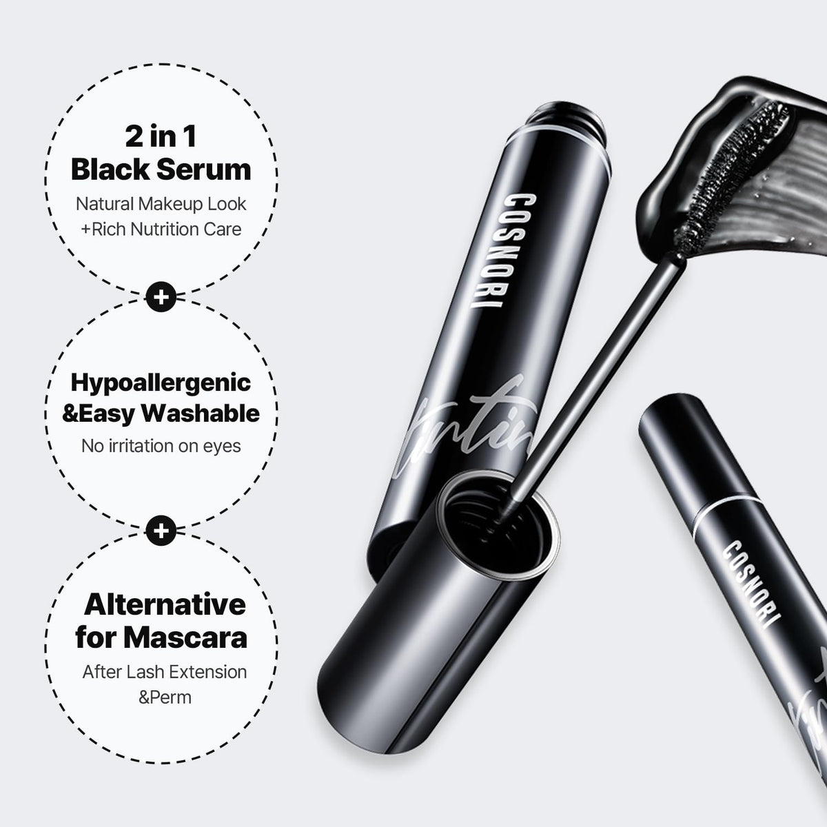 COSNORI Eyelash Tinting Serum 01 Deep Black - Korean Eyelash Boost Tinted Serum – Eyebrow Growth Enhancer for Longer and Thicker – Lash Perm Essential - Vegan, Irritation Free 0.3 fl.oz / 9g (Black)