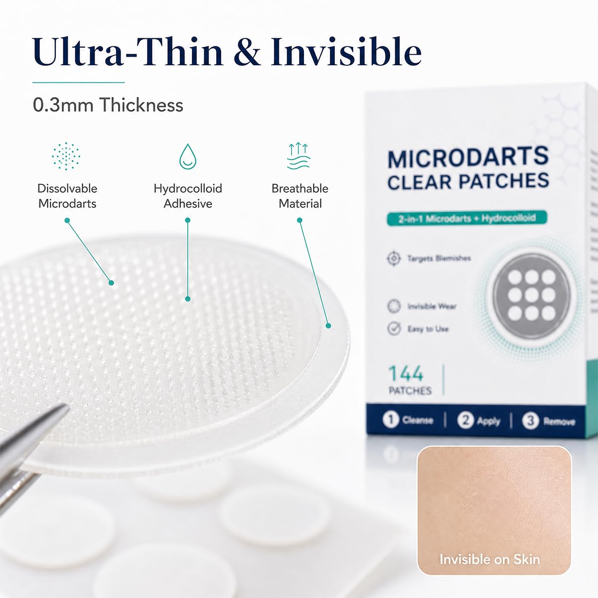 3PCS Microdarts Clear Patches, 2-in-1 Microdarts & Hydrocolloid Patch, Gentle Formula for All Skin, Natural Hydrocolloid Patches for Women and Men