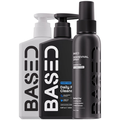 BASED Skincare Trio - Daily Facial Cleanser, Moisturizer & Skin Revival Spray - Complete Men's Skincare System - Hypochlorous Acid, Bamboo Charcoal & Ceramides - All Skin Types
