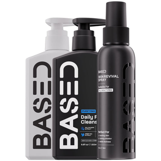 BASED Skincare Trio - Daily Facial Cleanser, Moisturizer & Skin Revival Spray - Complete Men's Skincare System - Hypochlorous Acid, Bamboo Charcoal & Ceramides - All Skin Types