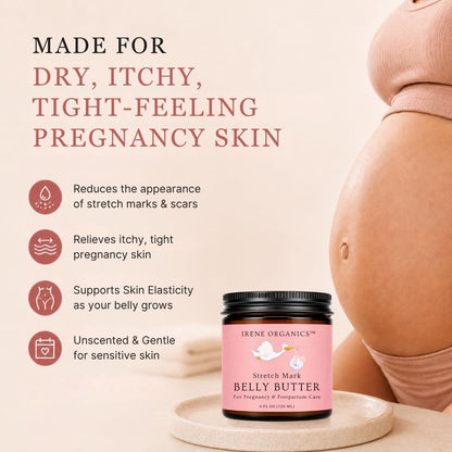 Organic Belly Butter for Pregnancy Stretch Mark Prevention and Treatment by Irene Organics - Award Winning Anti Stretch Mark Tummy Balm For Pregnancy and Postpartum 4oz - Hydrating Bump Cream