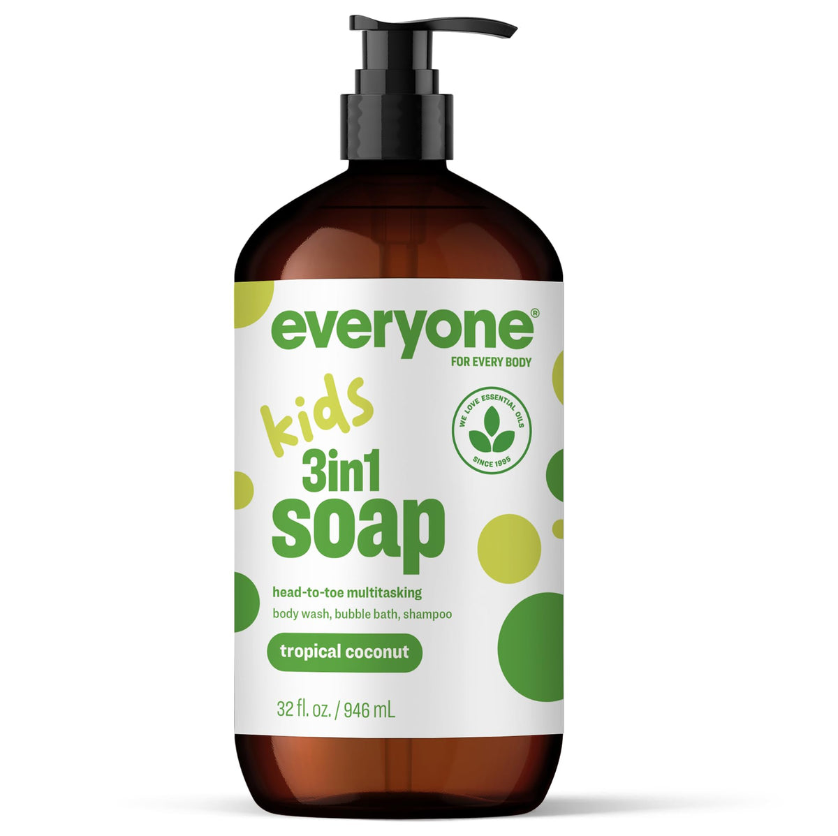 Everyone 3-in-1 Kids Soap, Body Wash, Bubble Bath, Shampoo, 32 Ounce (Pack of 1), Tropical Coconut, made with Essential Oils for Toddlers, Tweens and Teens