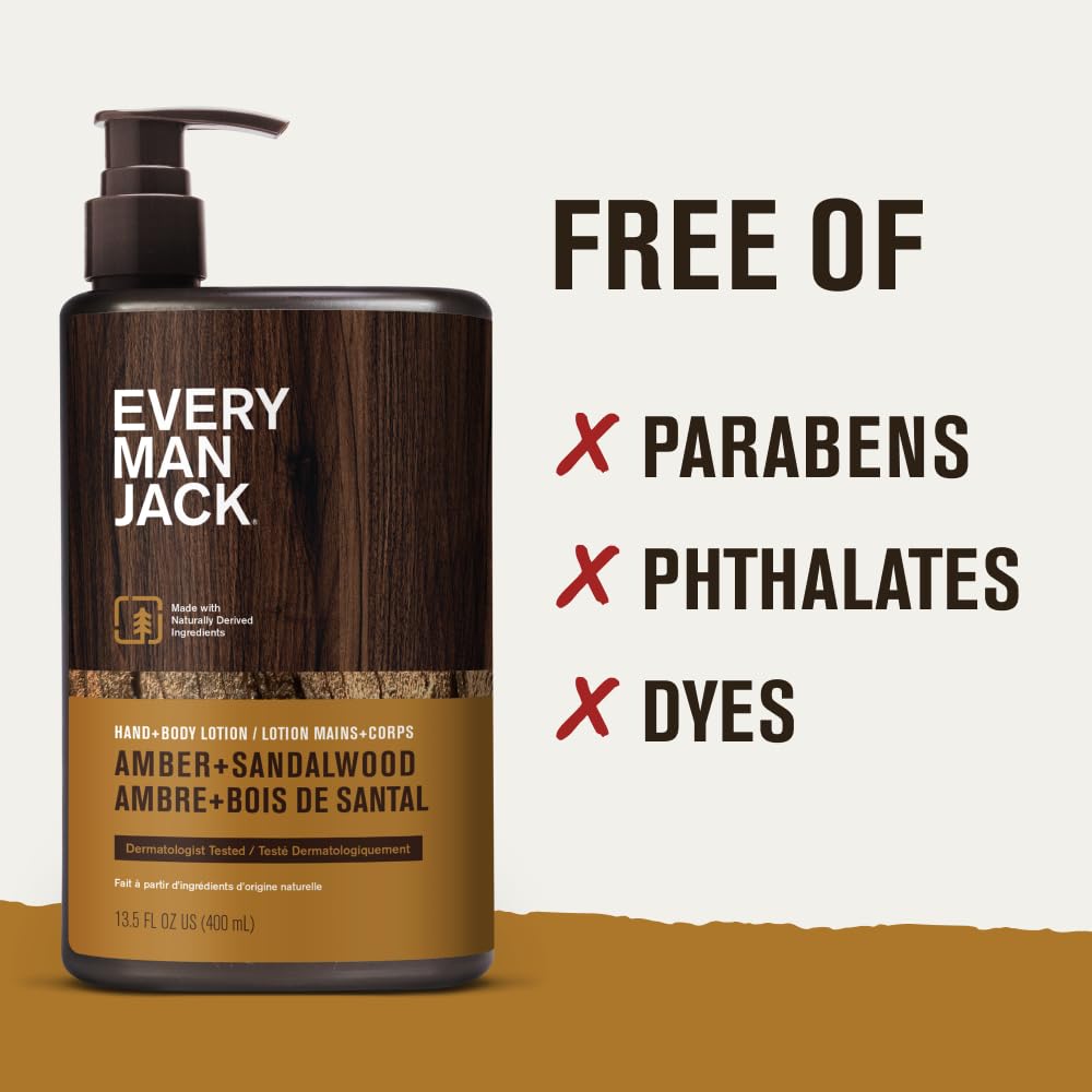 Every Man Jack Hand & Body Lotion for Men, Amber Sandalwood, 2pk