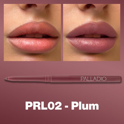 Palladio, Retractable Waterproof Lip Liner High Pigmented and Creamy Color Slim Twist Up Smudge Proof Formula with Long Lasting All Day Wear No Sharpener Required, Plum