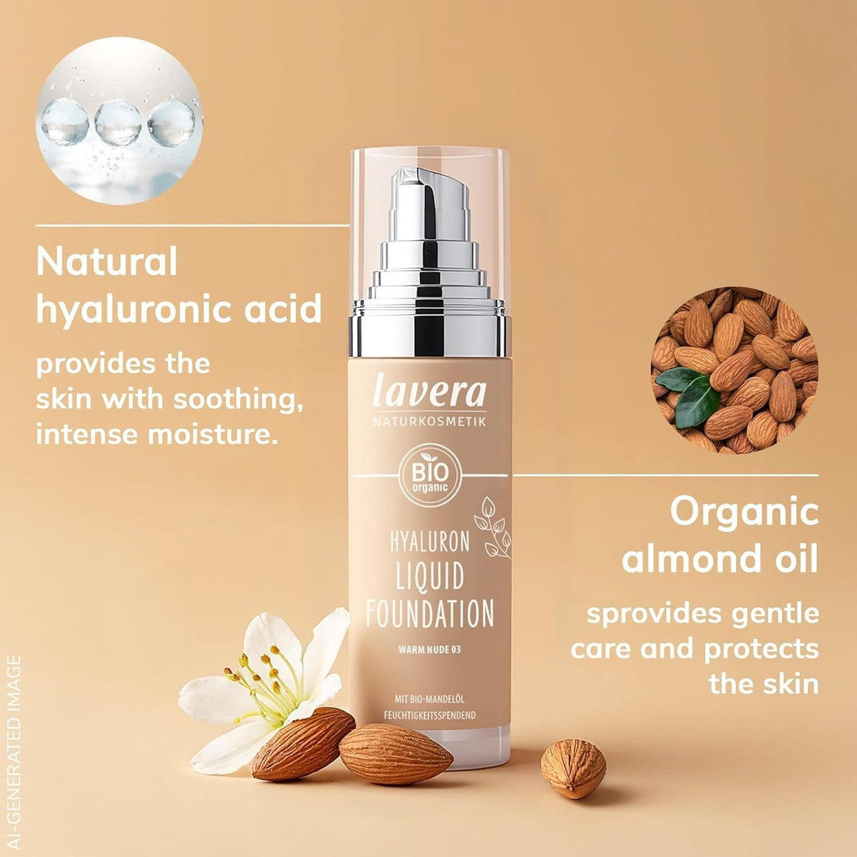 lavera Hyaluron Liquid Foundation - Cool Honey 04 - Foundation Make Up with Hyaluron & Almond Oil for a Flawless Complexion - Face Make Up - PETA Certified - Vegan - Made in Germany - 1 Fl Oz