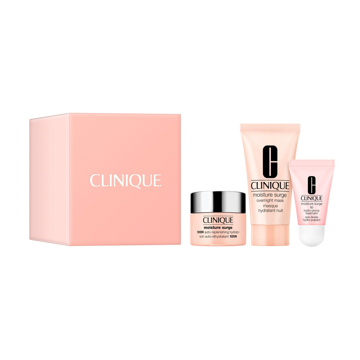 Clinique Hydration Heroes Gift Set | Moisture Surge 100H Moisturizer | Moisture Surge Overnight Mask | Lip Treatment | Hydrating + Glow | Includes 3 Travel Size Pieces