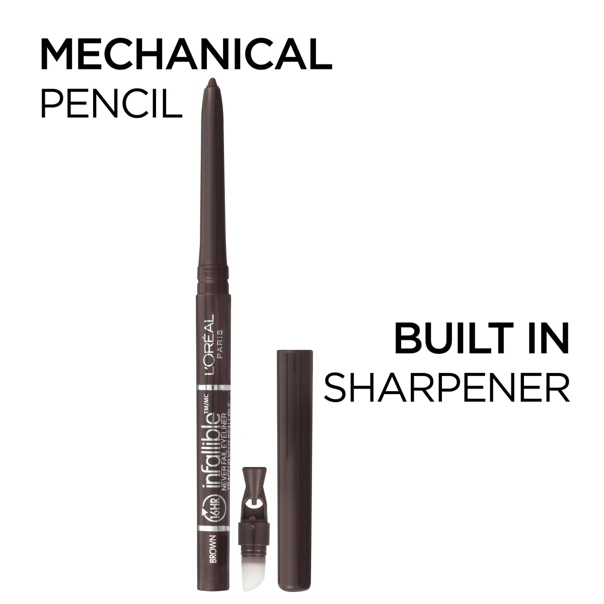 L'Oreal Paris Makeup Infallible Never Fail Original Mechanical Pencil Eyeliner with Built in Sharpener, Black Brown, 0.008 oz., 2 Count