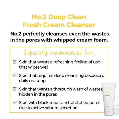 numbuzin No.2 Cleansing Foam | Deep Clean Fresh Cream Cleanser | Foam Cleanser, Gentle Exfoliation, Deep Cleansing, Natural Ingredients | Blackheads, Excess Oil, Dead Skin Cells | 4.05 fl. oz.