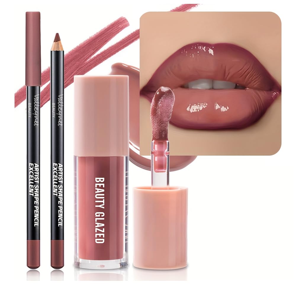 Beauty Glazed 2Pcs/Set Lip Gloss & Lip Liner Set Rosewood Nude – Lip Combo Set for Fuller Looking Lips, High Shine Glass Lips Look, Gradient Lips & Over Lip Makeup Viral Lip Combo for Volume Lips