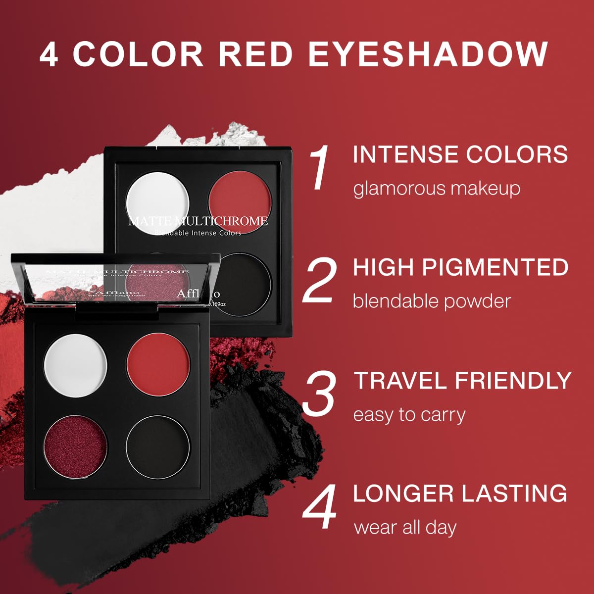 Afflano Gothic Red Makeup Eyeshadow Palette, Matte White Black Red Eye shadow, Ultra-Pigmented Chrome Red Glitter Eyeshadow, Intense Metallic Smokey Black Red Eyeshadow Palette Halloween Goth Makeup