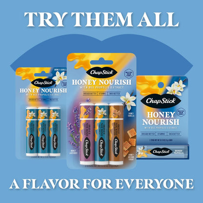 ChapStick Lip Balm Honey Nourish, Moisturizing Formula with Shea Butter and Avocado Butter, Vitamin E, Flavors Lavender, Vanilla, Brown Sugar, 3CT .45OZ