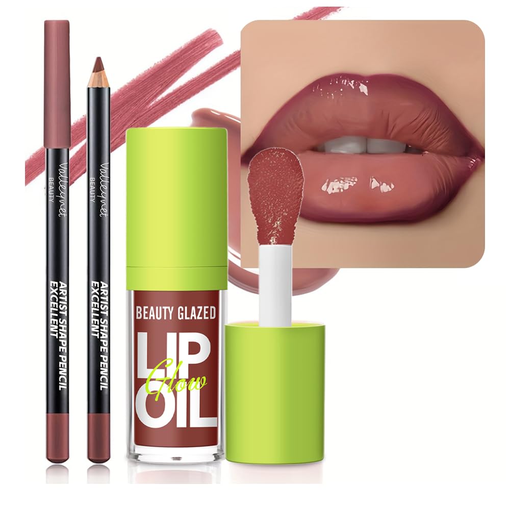 2Pcs Lip Gloss & Lip Liner Set – Cocoa Brown, 90s Ombre Lips, Retro Gradient Lip, Plumping Effect, Full Volume Lips, High Shine Gloss, Viral Lip Combo, Fuller Looking Lips, Glassy Lip Look (#V05+107)