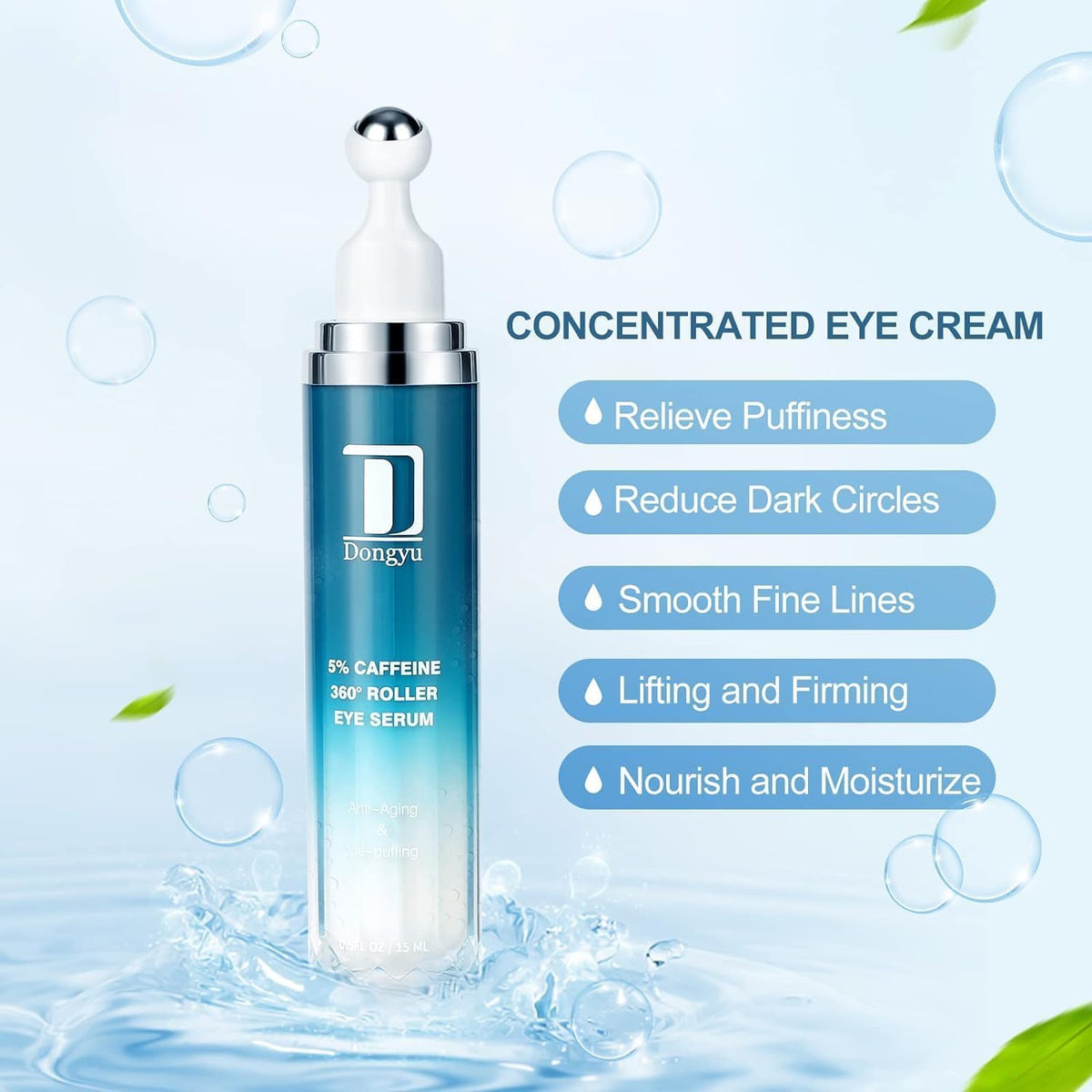 Caffeine Eye Cream for Dark Circles: Under Eye Cream Morning Skincare - Upgraded Formula Eye Serum with 360° Cooling Roller for Puffy Eyelids 0.5 fl.oz