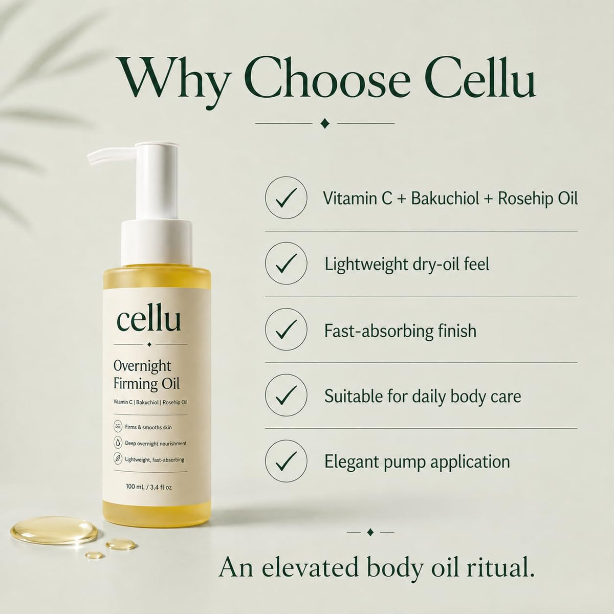 Mujruko Cellu Overnight Firming Oil, Moisturizing Body Oil for Smooth Skin