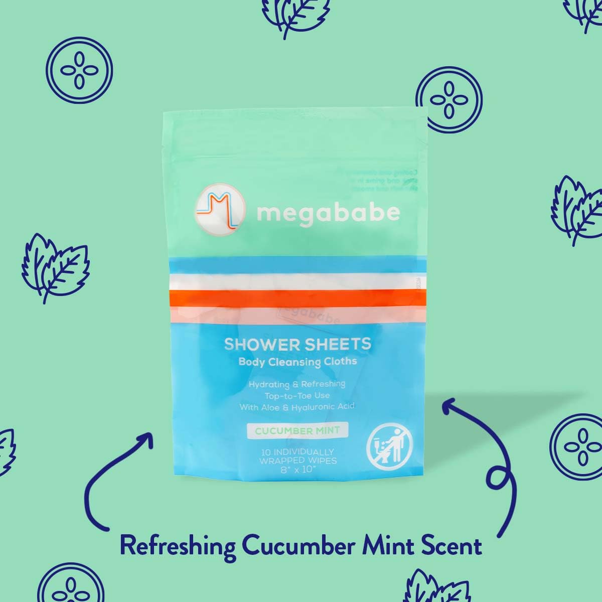 Megababe Cucumber Mint Shower Sheets, Oversized Wipes, 10 Wipes (Pack of 1)