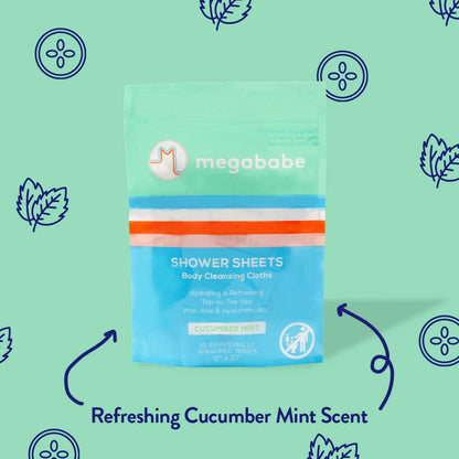 Megababe Cucumber Mint Shower Sheets, Oversized Wipes, 10 Wipes (Pack of 1)