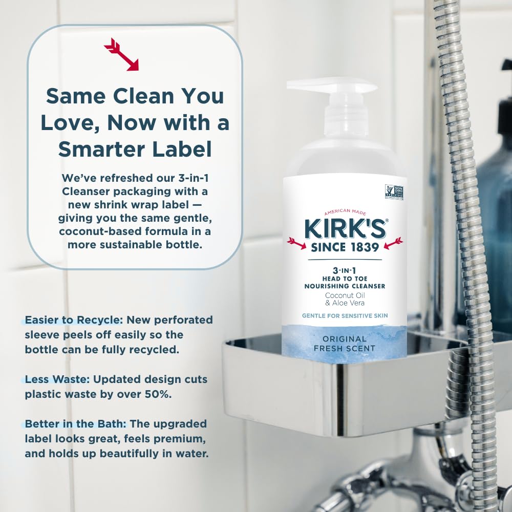 Kirk's Original Fresh 3-in-1 Nourishing Cleanser and Travel Bar Soap, Shampoo Body Wash Bubble Bath, Coconut Oil and Aloe Vera, Vegan Non-GMO, 32 Fl Oz, Pack of 2