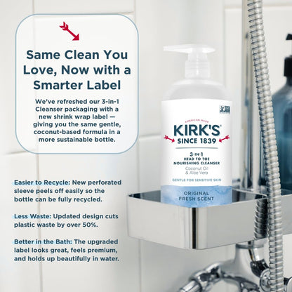 Kirk's Original Fresh 3-in-1 Nourishing Cleanser and Travel Bar Soap, Shampoo Body Wash Bubble Bath, Coconut Oil and Aloe Vera, Vegan Non-GMO, 32 Fl Oz, Pack of 2