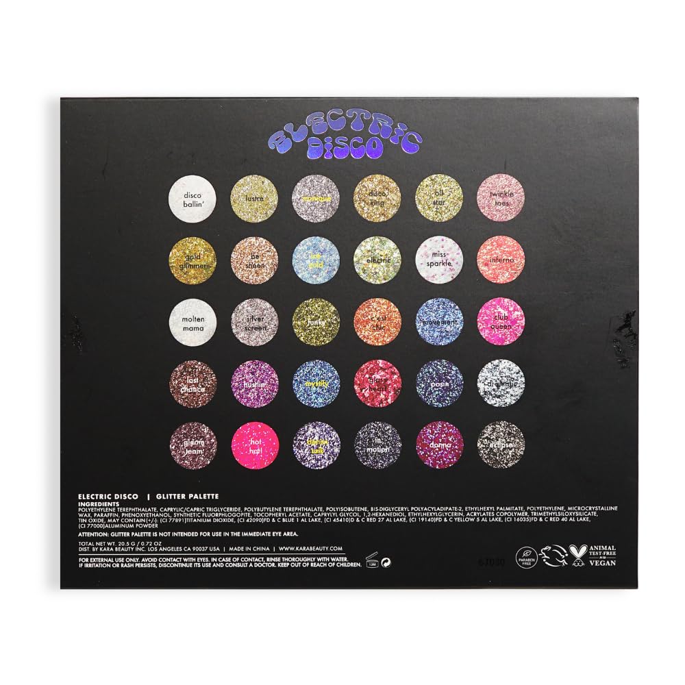 KARA BEAUTY ELECTRIC DISCO Glitter Eyeshadow Palette – 30 Color Pressed Glitter Makeup Palette for Face, Body & Eyes No Glue Needed Chunky & Fine Glitter for Rave, Festival Makeup Mermaid Vibes & More