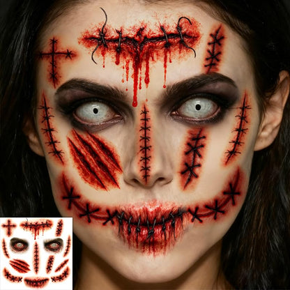 Halloween Zombie Tattoos Kit – 6 Sheets (4 Zombie Tattoos + 2 Wound Tattoos) – Fake Scars Temporary Tattoos for Adults, Women, Men – Realistic Zombie Makeup Kit, Scary Halloween Makeup Accessories (A)