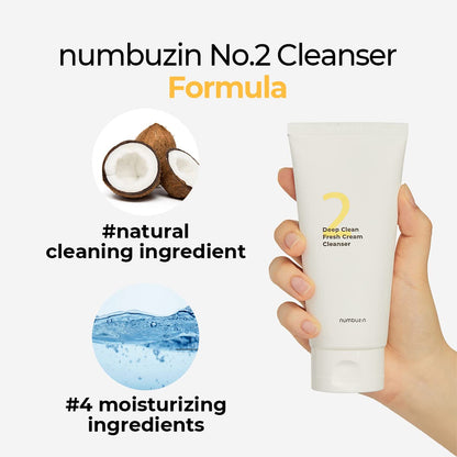 numbuzin No.2 Cleansing Foam | Deep Clean Fresh Cream Cleanser | Foam Cleanser, Gentle Exfoliation, Deep Cleansing, Natural Ingredients | Blackheads, Excess Oil, Dead Skin Cells | 4.05 fl. oz.