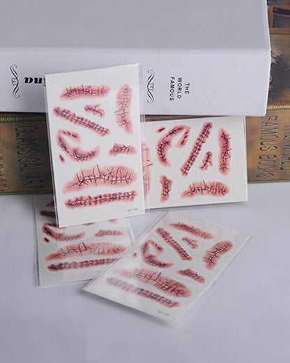 Tinuos Horror Realistic Fake Bloody Wound Stitch Scar Scab Waterproof Temporary Tattoo Sticker Halloween Masquerade Prank Makeup Props-5PC 5PCs