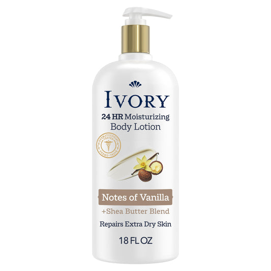 Ivory Hand & Body Lotion, 24hr Moisturizing, Repairs Extra Dry Skin, All Day Hydration, Lightweight Formula, Absorbs Instantly, Perfect for Daily Use, Shea Butter Blend, Vanilla Scent, 18 fl oz