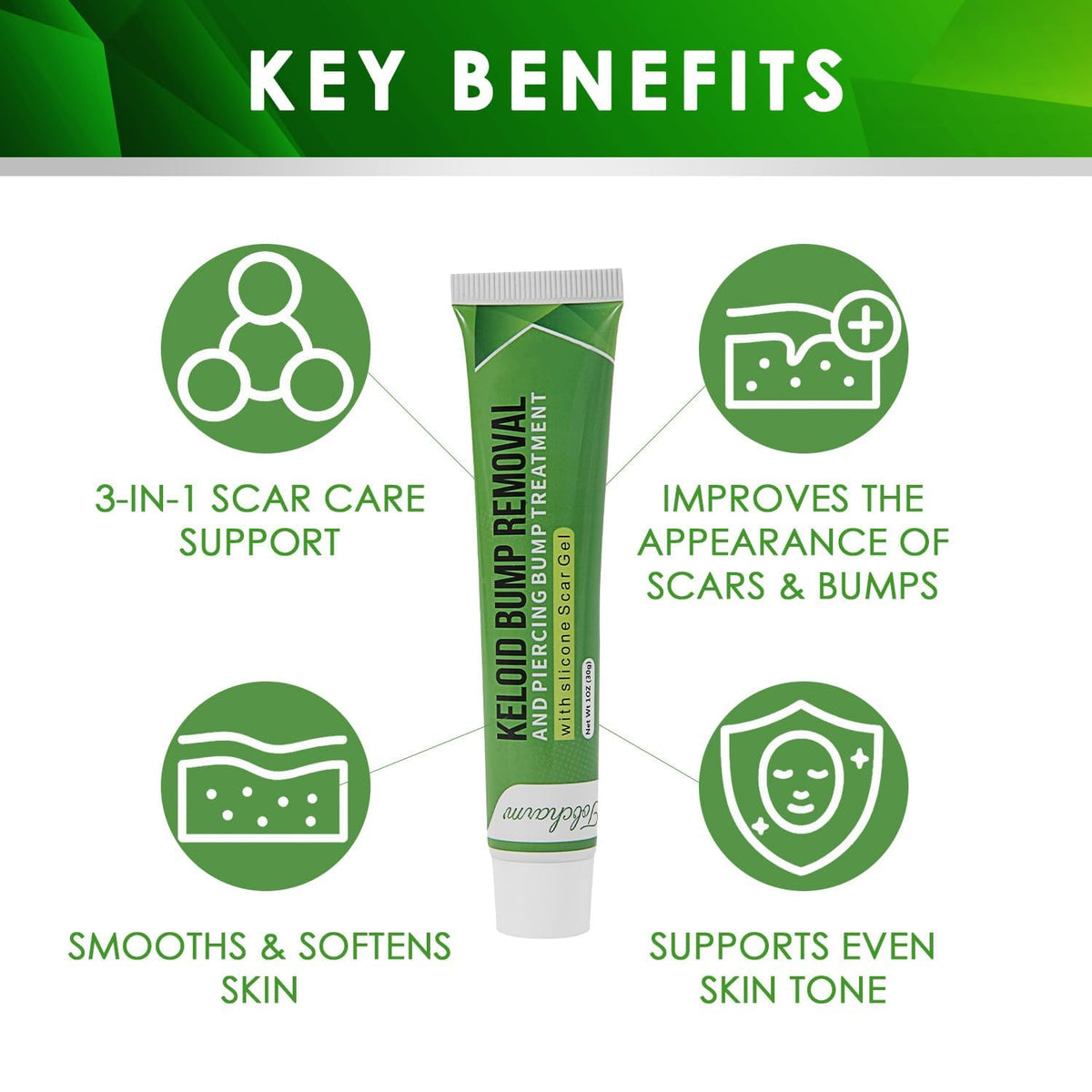 Tobcharm Advanced Keloid Bump Removal: Silicone Keloid Scar Removal Cream for Scars from Piercing, Surgical Marks, Acne, and Burns, Keloid Treatment for Ears, Face, and Body with Healing Formula 30g