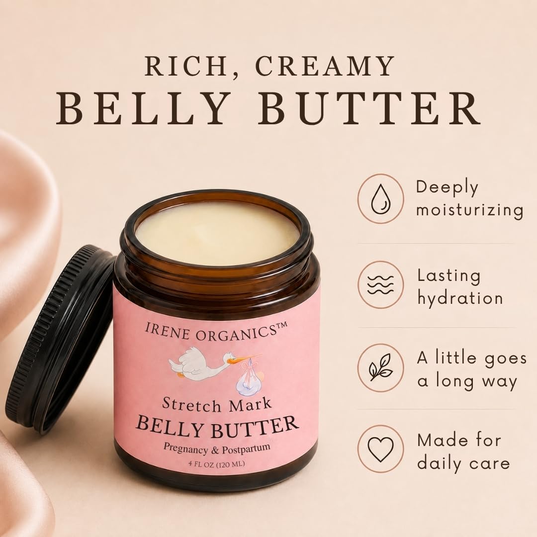Organic Belly Butter for Pregnancy Stretch Mark Prevention and Treatment by Irene Organics - Award Winning Anti Stretch Mark Tummy Balm For Pregnancy and Postpartum 4oz - Hydrating Bump Cream